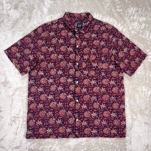 Gap Men's Button Down Shirt Linen Blend Short Sleeve Pocket Floral Red - Large